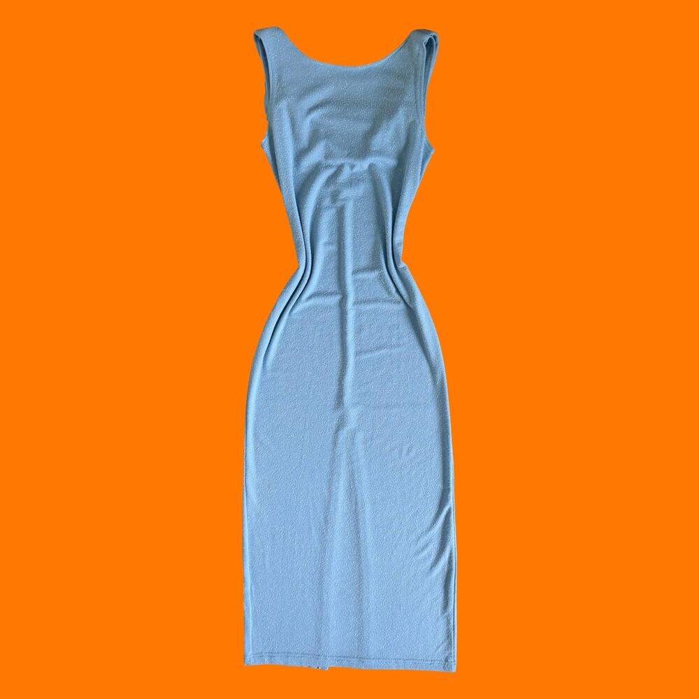 90's vintage baby blue glittery high neck cowl bodycon maxi dress Size 5/6